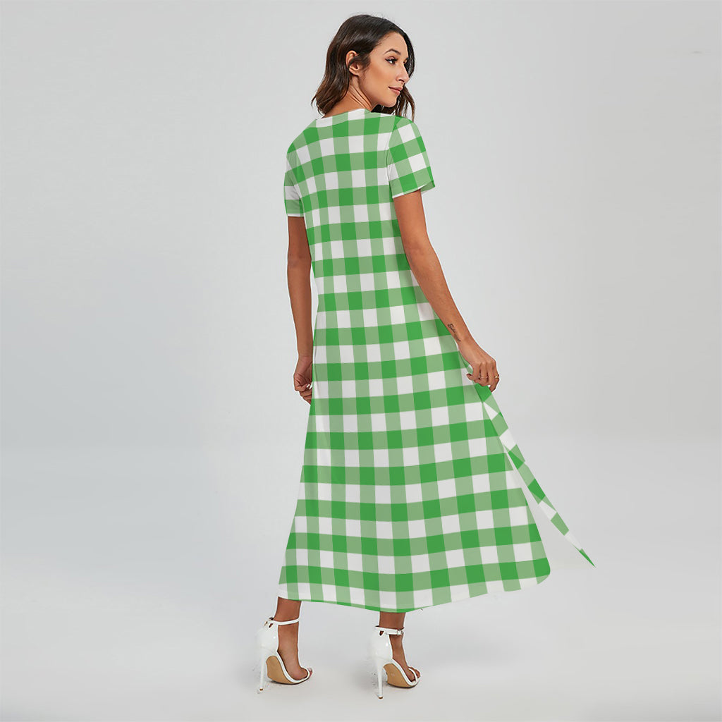 Green And White Gingham Pattern Print Short Sleeve Maxi Dress