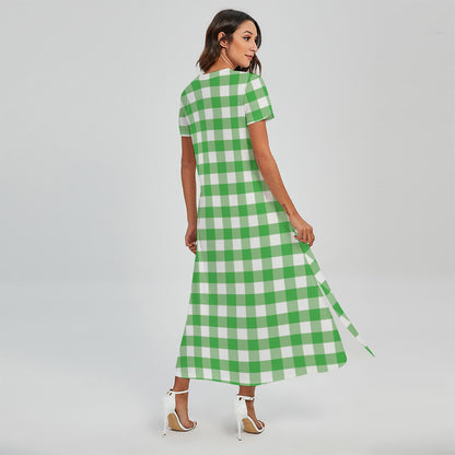 Green And White Gingham Pattern Print Short Sleeve Maxi Dress