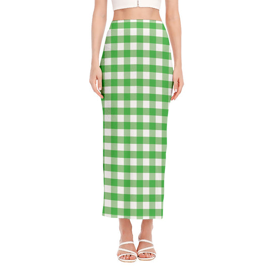 Green And White Gingham Pattern Print Side Slit Maxi Skirt