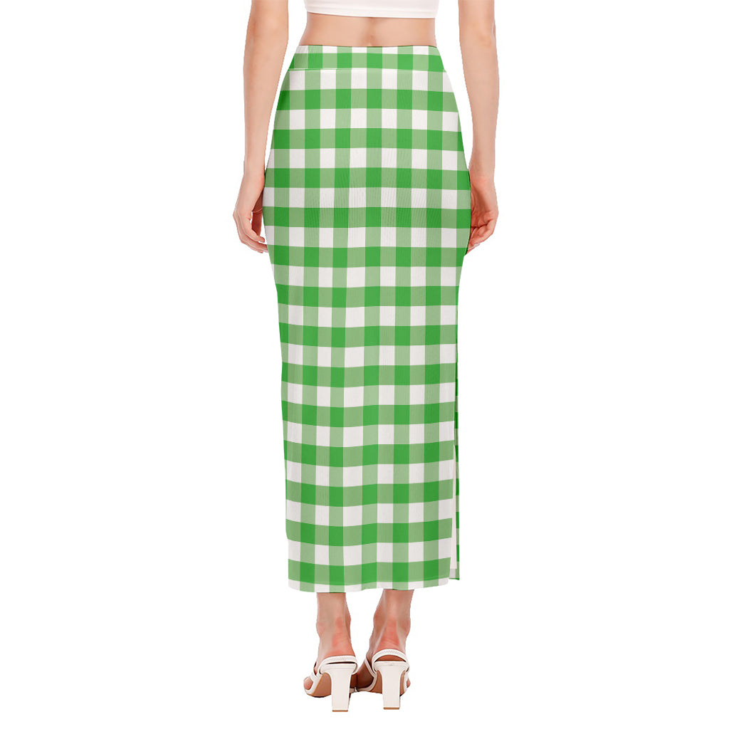 Green And White Gingham Pattern Print Side Slit Maxi Skirt