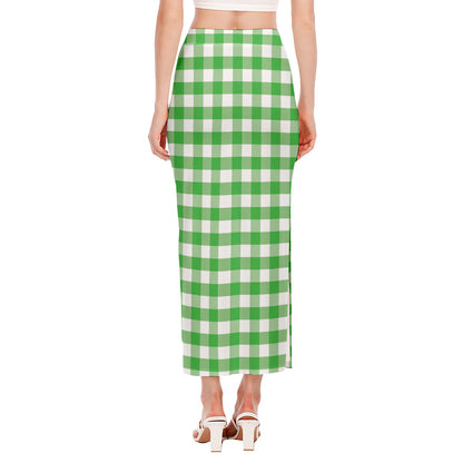 Green And White Gingham Pattern Print Side Slit Maxi Skirt