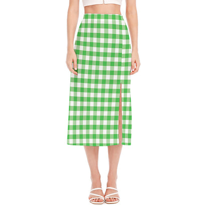Green And White Gingham Pattern Print Side Slit Midi Skirt