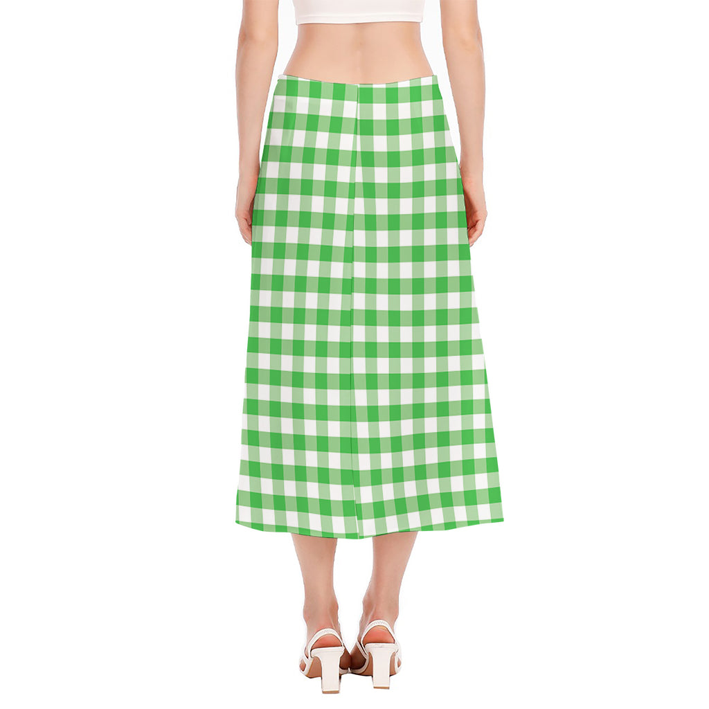 Green And White Gingham Pattern Print Side Slit Midi Skirt