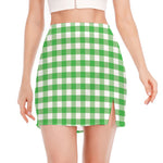 Green And White Gingham Pattern Print Side Slit Mini Skirt