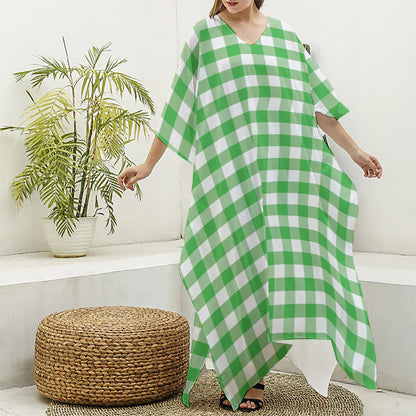 Green And White Gingham Pattern Print Silk V-Neck Kaftan Dress