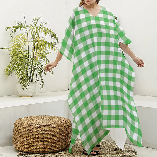Green And White Gingham Pattern Print Silk V-Neck Kaftan Dress