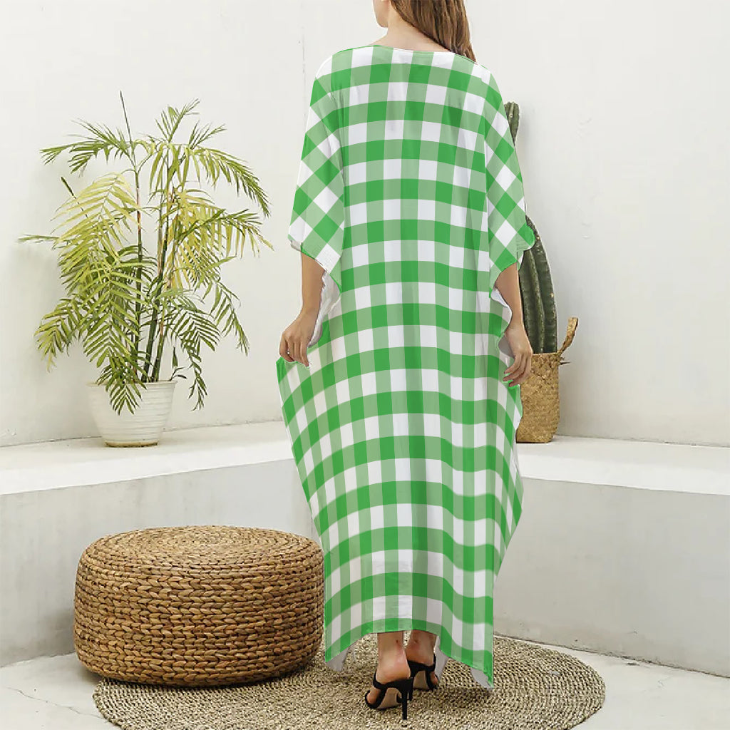 Green And White Gingham Pattern Print Silk V-Neck Kaftan Dress