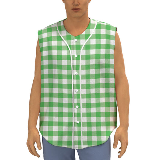 Green And White Gingham Pattern Print Sleeveless Baseball Jersey