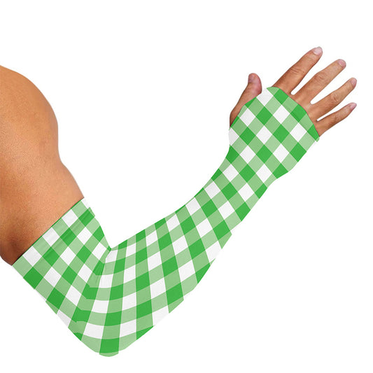 Green And White Gingham Pattern Print Sun Protection Arm Sleeves
