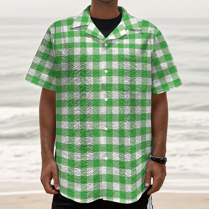 Green And White Gingham Pattern Print Textured Short Sleeve Shirt