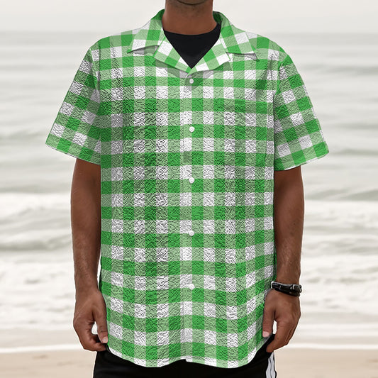 Green And White Gingham Pattern Print Textured Short Sleeve Shirt