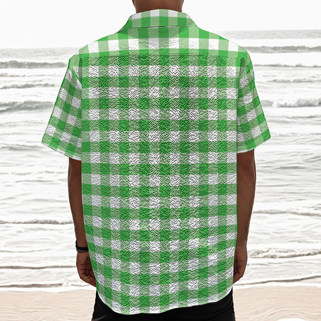 Green And White Gingham Pattern Print Textured Short Sleeve Shirt