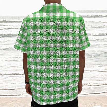 Green And White Gingham Pattern Print Textured Short Sleeve Shirt
