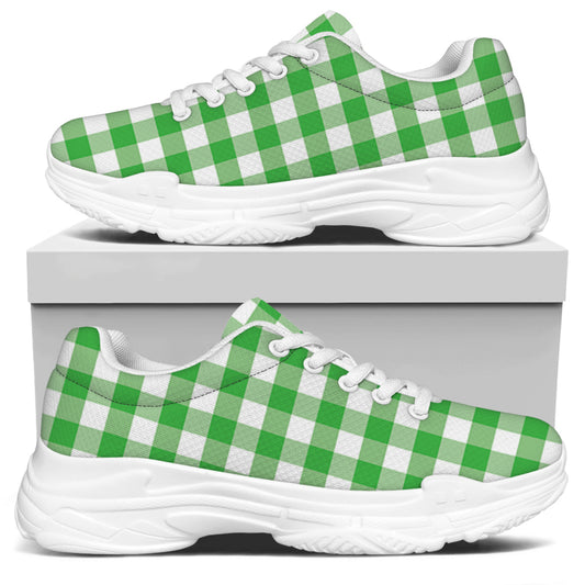 Green And White Gingham Pattern Print White Chunky Shoes