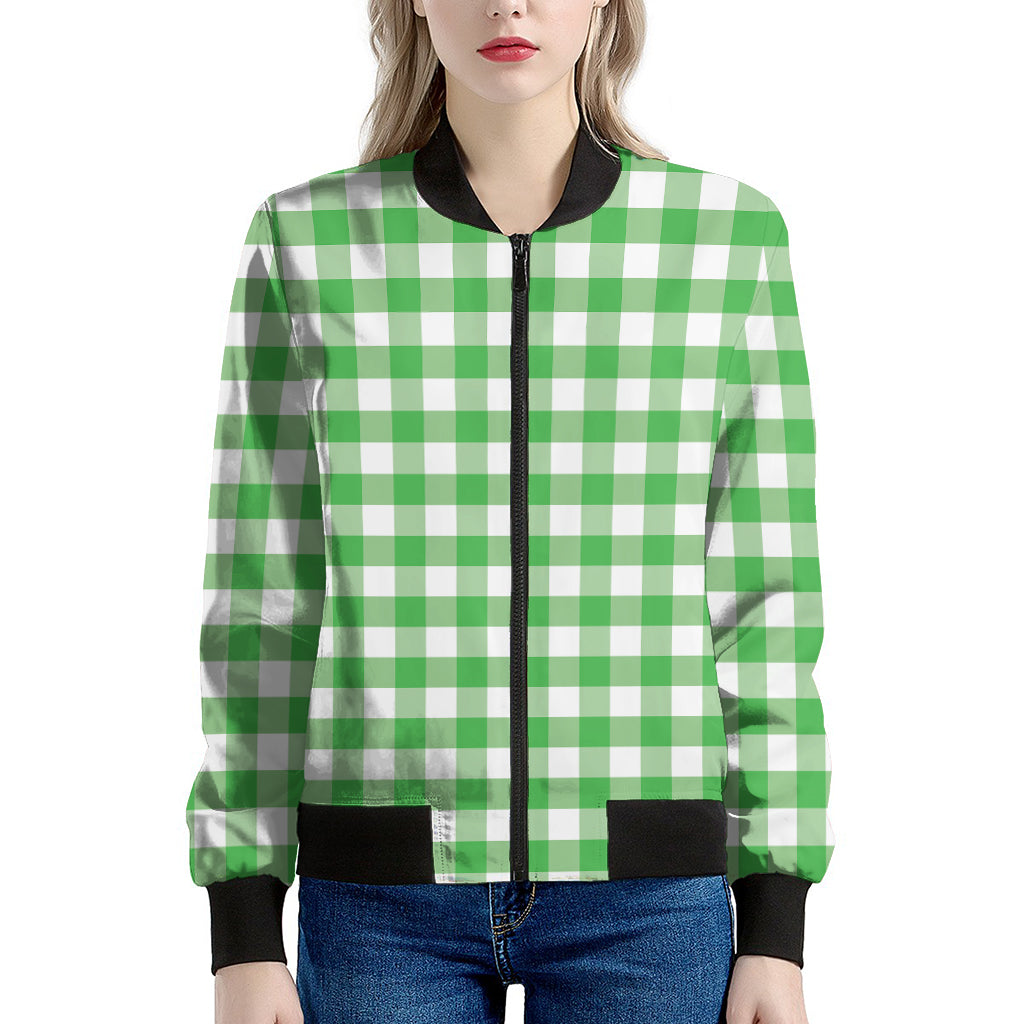 Green And White Gingham Pattern Print Women's Bomber Jacket
