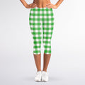 Green And White Gingham Pattern Print Women's Capri Leggings