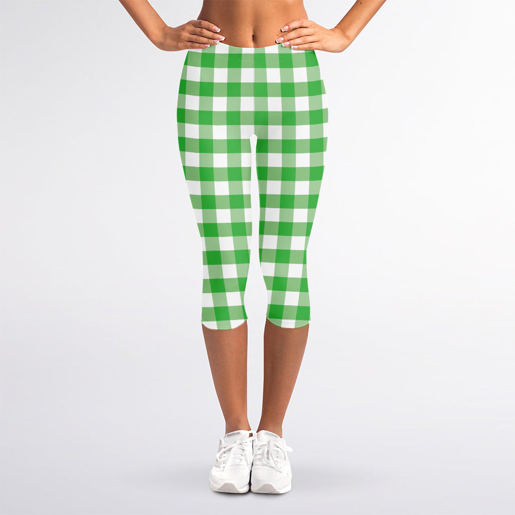 Green And White Gingham Pattern Print Women's Capri Leggings