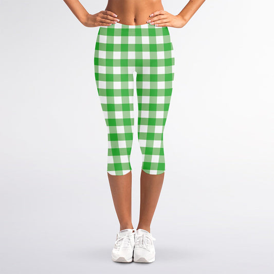 Green And White Gingham Pattern Print Women's Capri Leggings