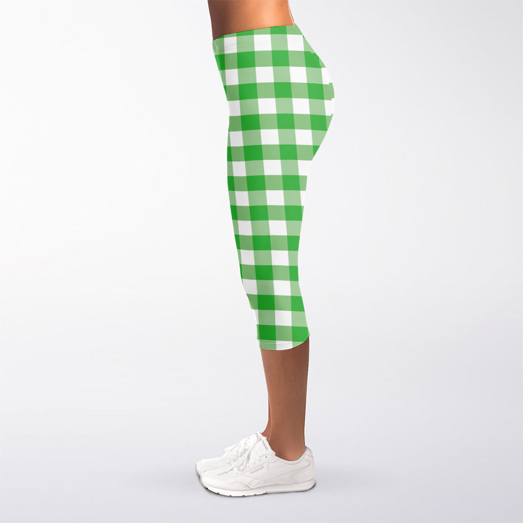 Green And White Gingham Pattern Print Women's Capri Leggings