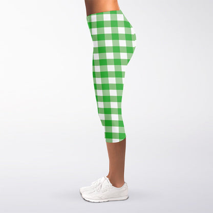 Green And White Gingham Pattern Print Women's Capri Leggings