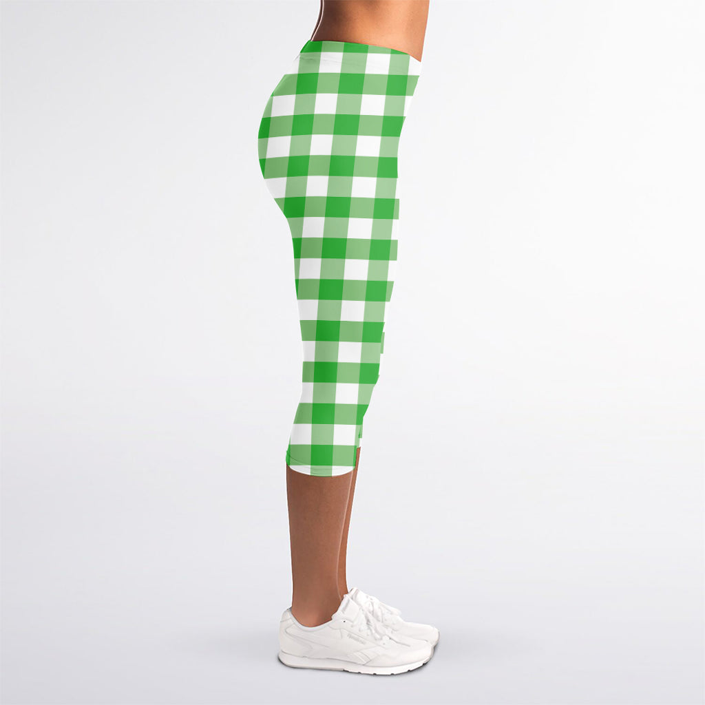 Green And White Gingham Pattern Print Women's Capri Leggings