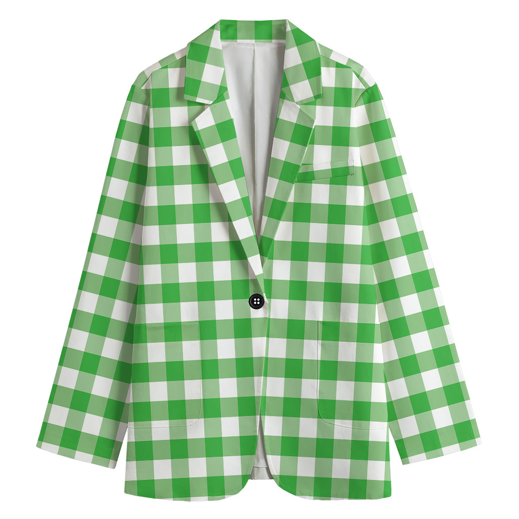 Green And White Gingham Pattern Print Women's Cotton Blazer