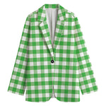 Green And White Gingham Pattern Print Women's Cotton Blazer