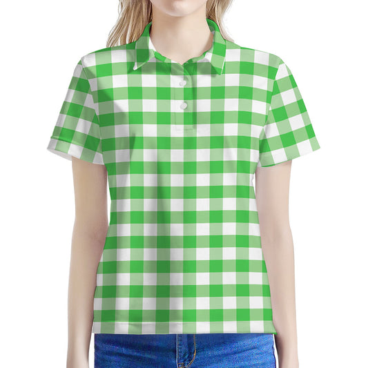 Green And White Gingham Pattern Print Women's Polo Shirt