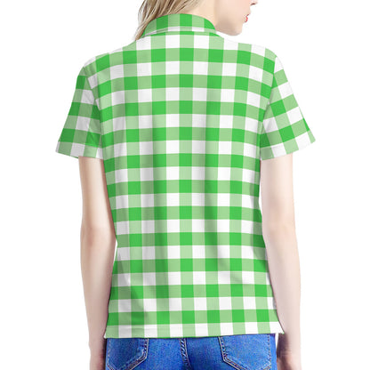 Green And White Gingham Pattern Print Women's Polo Shirt