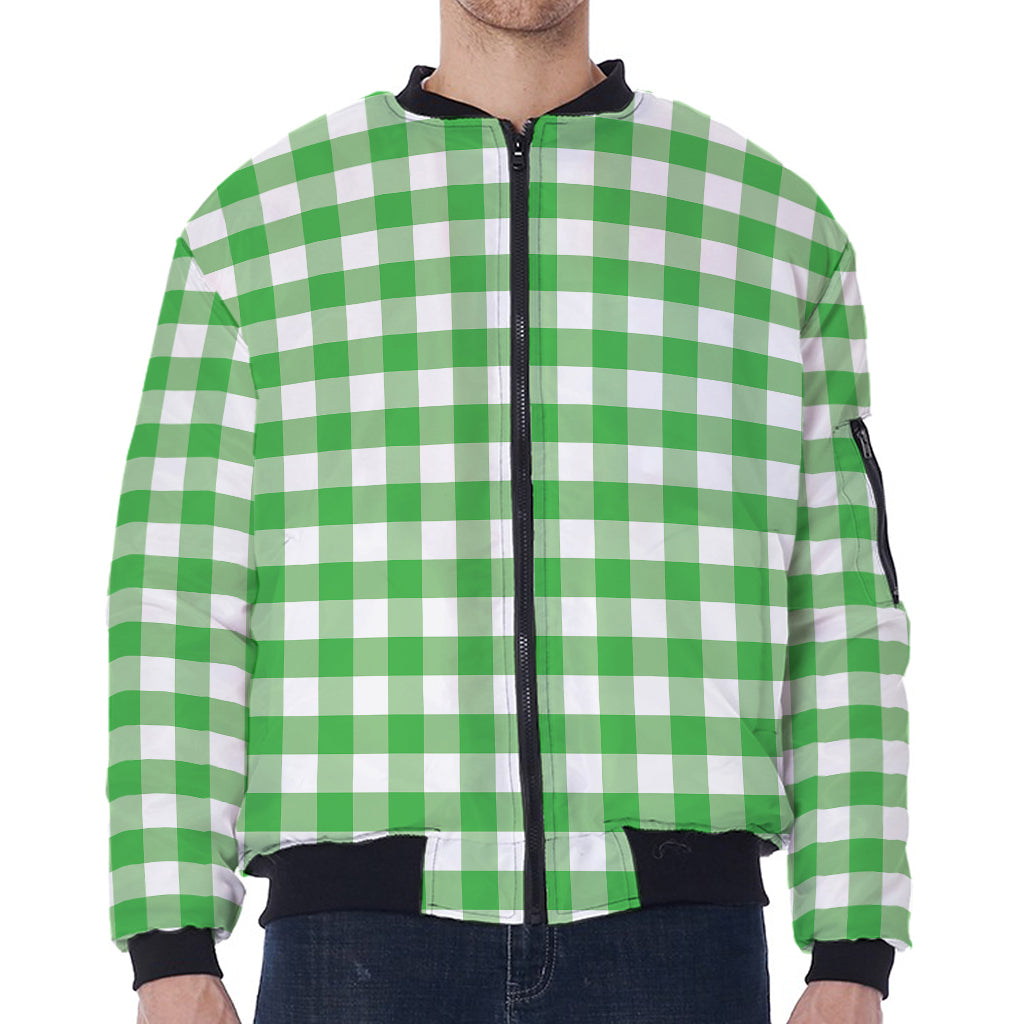 Green And White Gingham Pattern Print Zip Sleeve Bomber Jacket