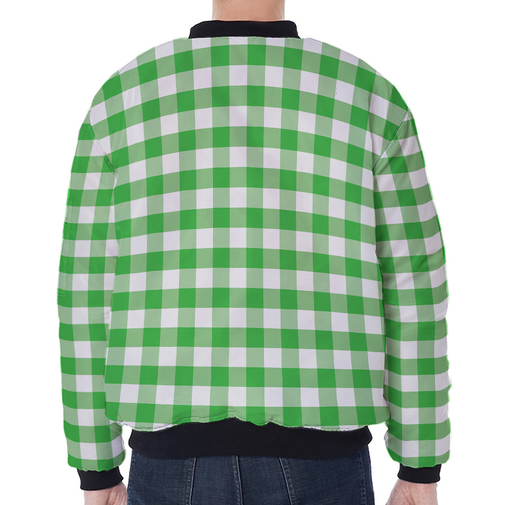 Green And White Gingham Pattern Print Zip Sleeve Bomber Jacket