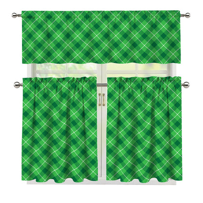 Green And White Plaid Pattern Print 3 Piece Kitchen Curtains