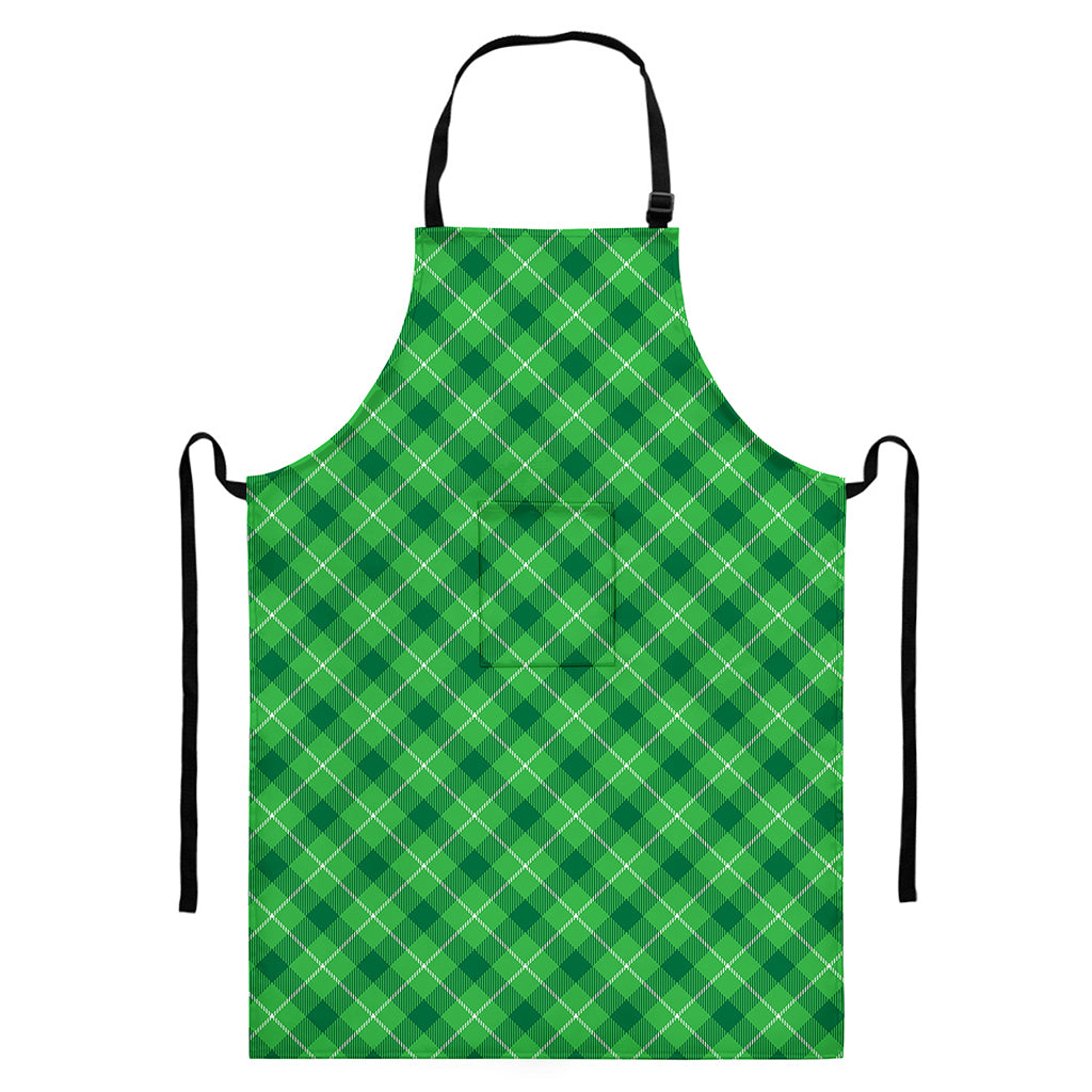 Green And White Plaid Pattern Print Bib Apron With Pocket