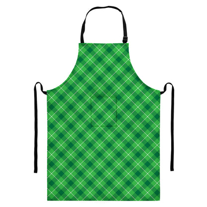 Green And White Plaid Pattern Print Bib Apron With Pocket
