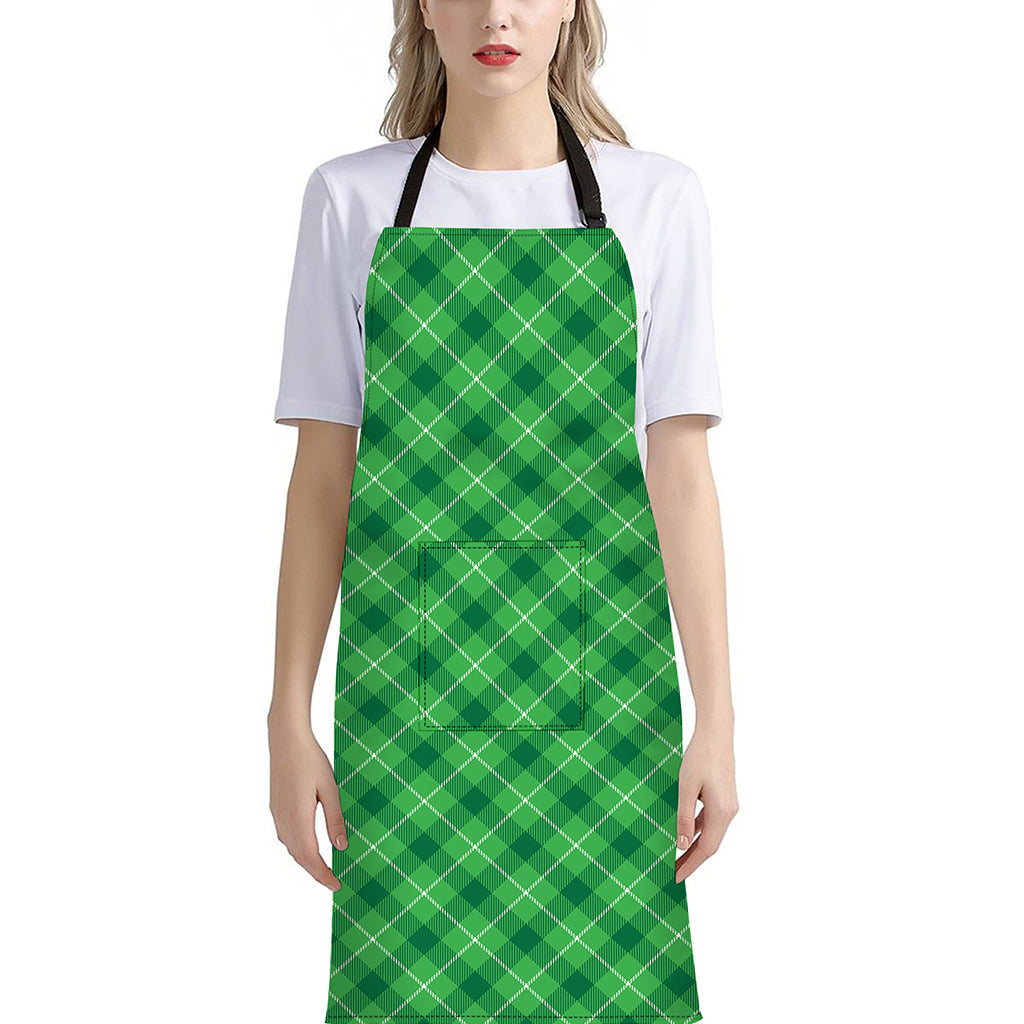 Green And White Plaid Pattern Print Bib Apron With Pocket