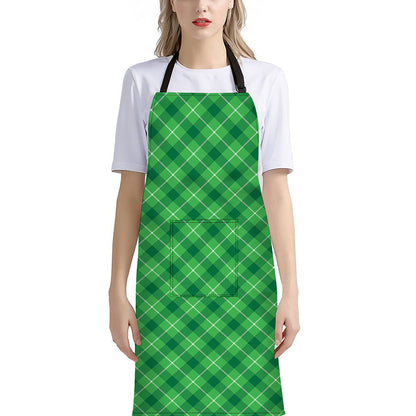 Green And White Plaid Pattern Print Bib Apron With Pocket