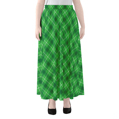 Green And White Plaid Pattern Print Chiffon Maxi Skirt