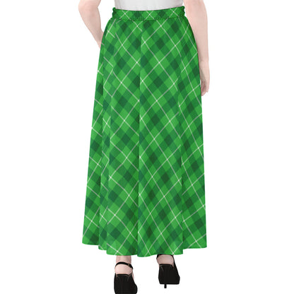 Green And White Plaid Pattern Print Chiffon Maxi Skirt
