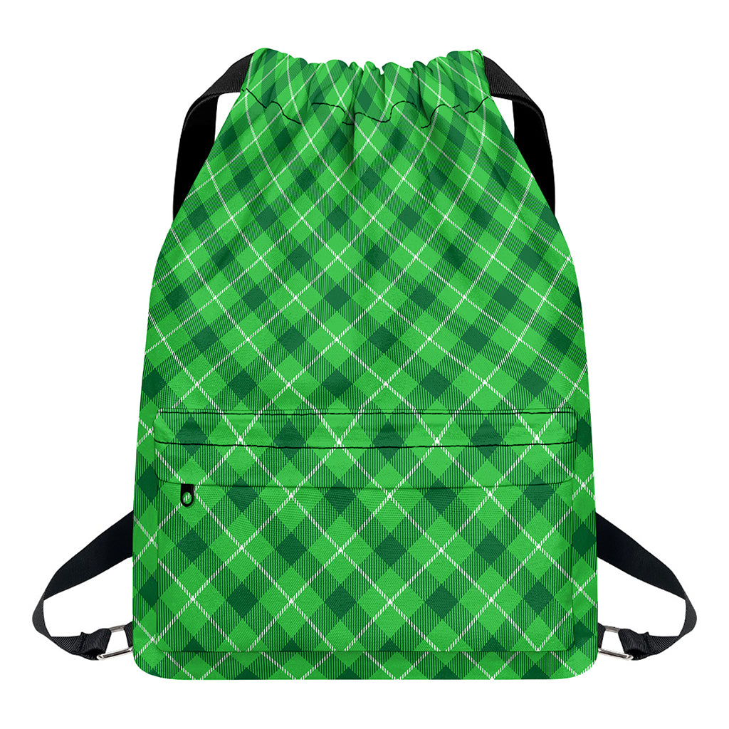 Green And White Plaid Pattern Print Drawstring Backpack