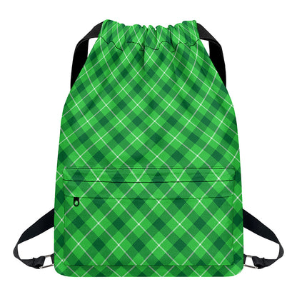 Green And White Plaid Pattern Print Drawstring Backpack