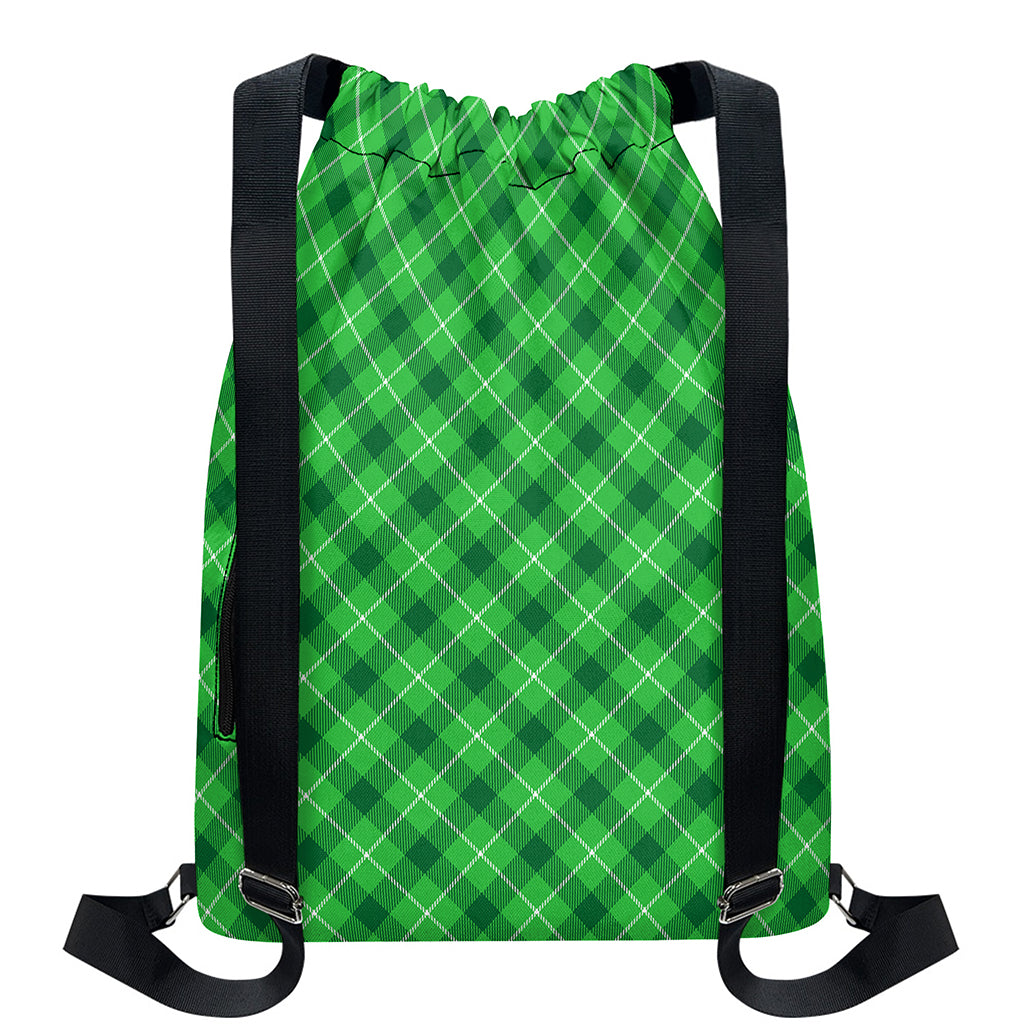 Green And White Plaid Pattern Print Drawstring Backpack