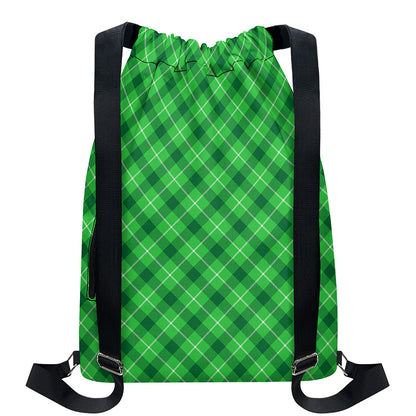 Green And White Plaid Pattern Print Drawstring Backpack