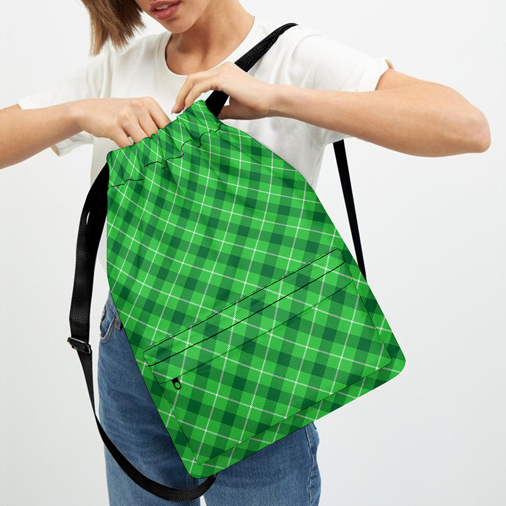 Green And White Plaid Pattern Print Drawstring Backpack