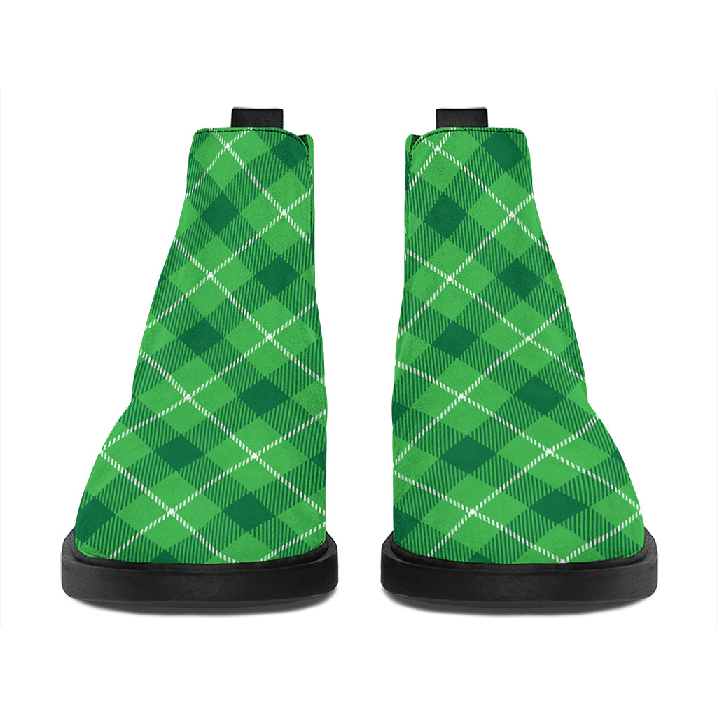 Green And White Plaid Pattern Print Flat Ankle Boots