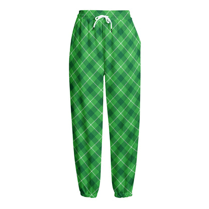 Green And White Plaid Pattern Print Fleece Lined Knit Pants