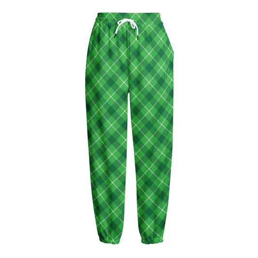 Green And White Plaid Pattern Print Fleece Lined Knit Pants
