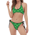 Green And White Plaid Pattern Print Halter Scoop Tie Side Bikini