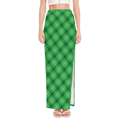 Green And White Plaid Pattern Print High Slit Maxi Skirt