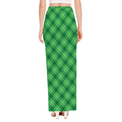 Green And White Plaid Pattern Print High Slit Maxi Skirt