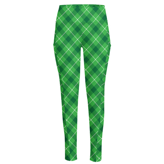 Green And White Plaid Pattern Print High-Waisted Pocket Leggings